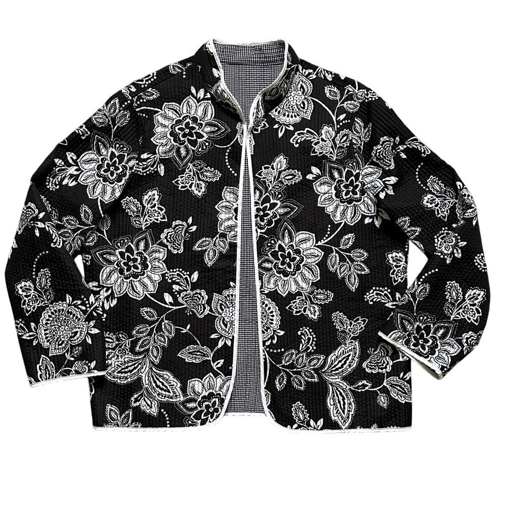 Cottagecore Boho Reversible Quilted Floral Jacket Black White Open Front M M/L‎